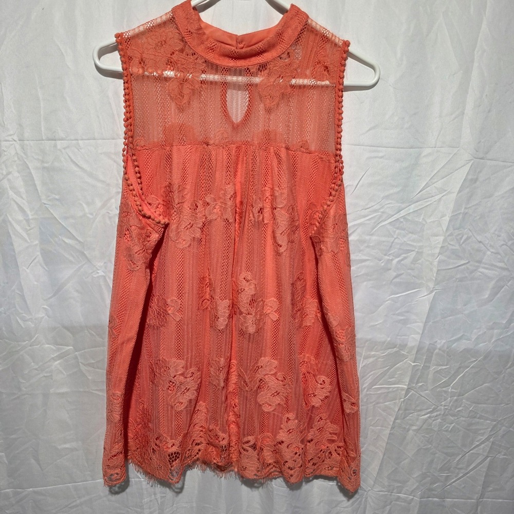 Eve & Maddie Coral Orange Floral Lace Sleeveless Mock Neck Top Plus Size 1X
